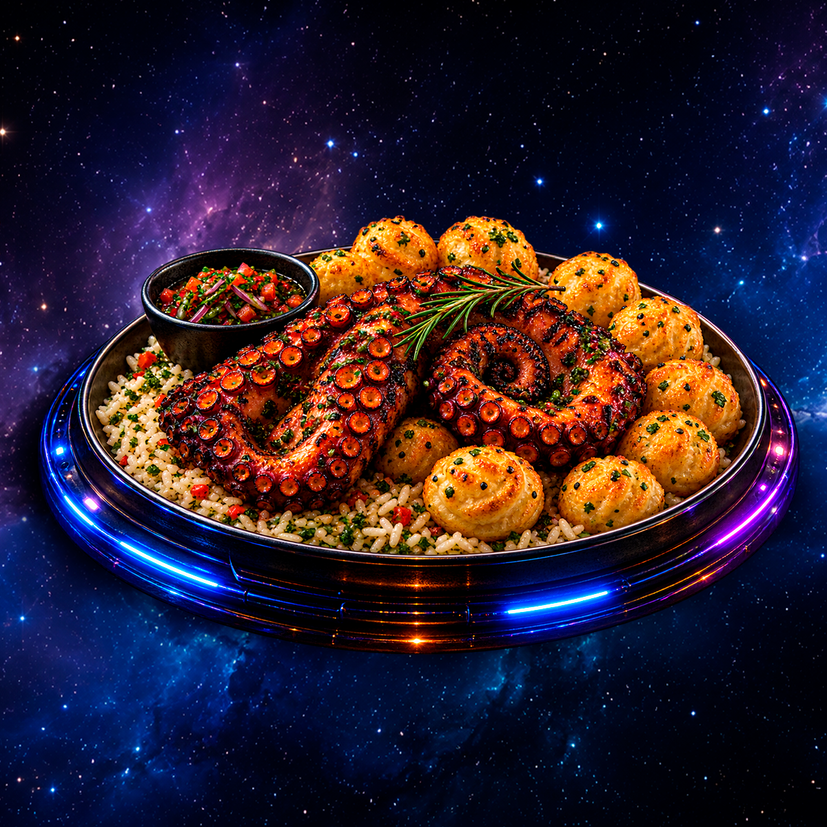 PULPO A LA PARRILLA CON PAPAS SOUFFLÉ